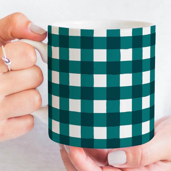 Teal Gingham Holiday Mug for wholesale by Allegra Paper Co.