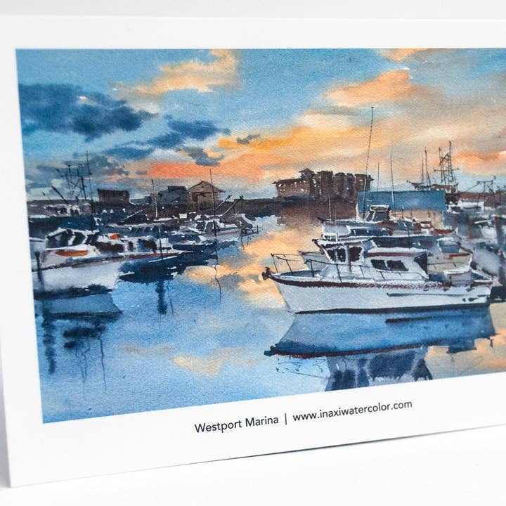 “Sunset over Westport Marina" postcards - 25 pack for wholesale by Ina Xi Watercolor