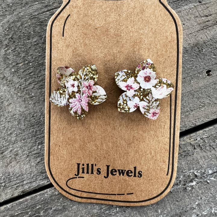 Gold Boho Pink Acrylic Floral Stud Earrings for wholesale by Jill's Jewels