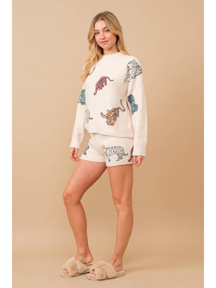 Blue B - Wholesale Lounge Set - Women's - 34242SET-Cozy Multi Tiger Sequin op with Matching Shorts11