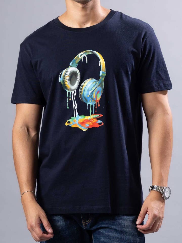 241100 - Navy Headphones T-Shirt for wholesale by Bespoke Moda