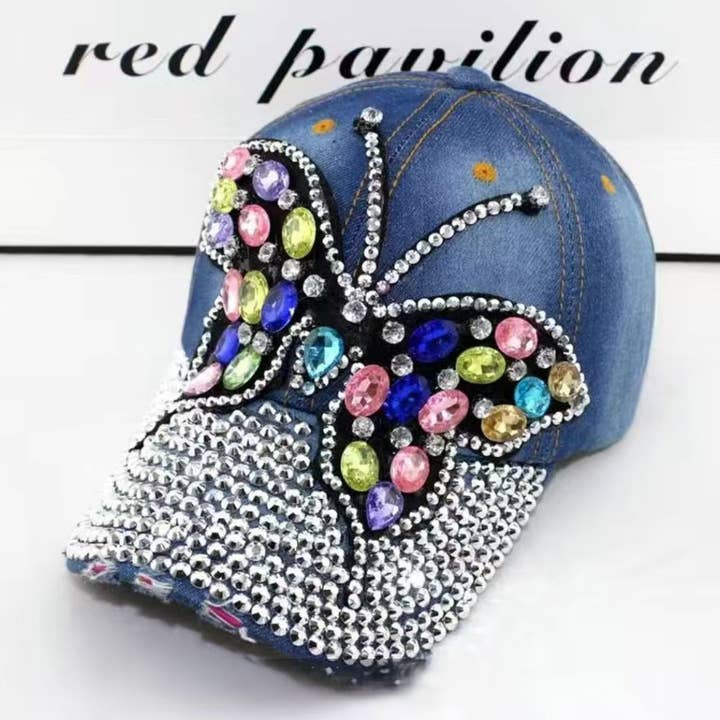 Denim Cap with Large Crystal Butterfly Accent in Black WA201 for wholesale by PEACH ACCESSORIES