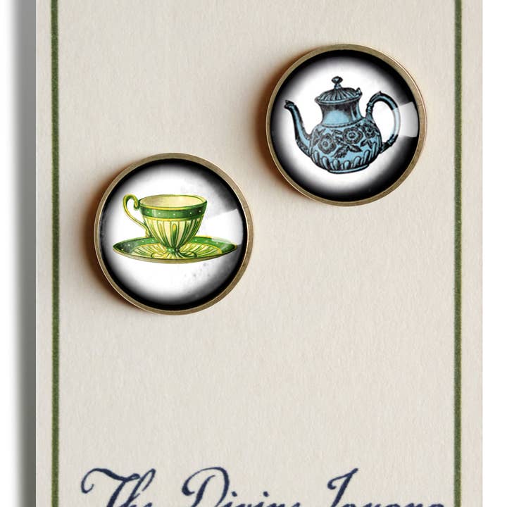 The Divine Iguana - Wholesale Stud/Post Earrings - Blue Teacup and Teapot Steampunk Victorian Stud Earrings