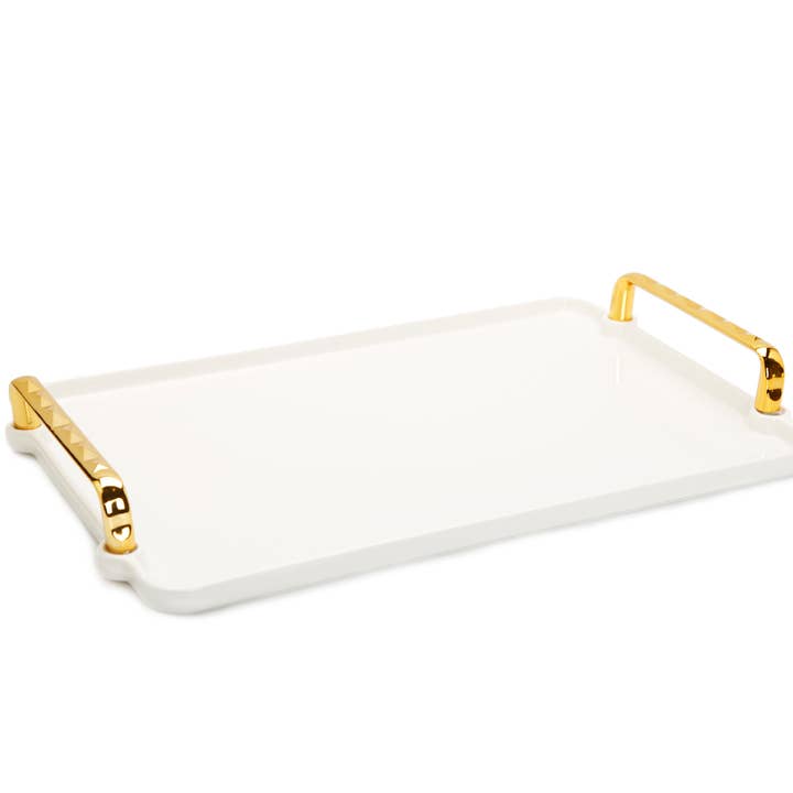 CLASSIC TOUCH DECOR INC. - Wholesale Serving Tray - 6 Gold Trimmed Glass Bowl on Serving Dish White Tray- 13.5"L2