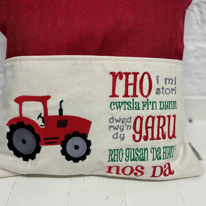Red Tractor Children's Reading Book Cushion. for wholesale by Lizzie Dixon Designs