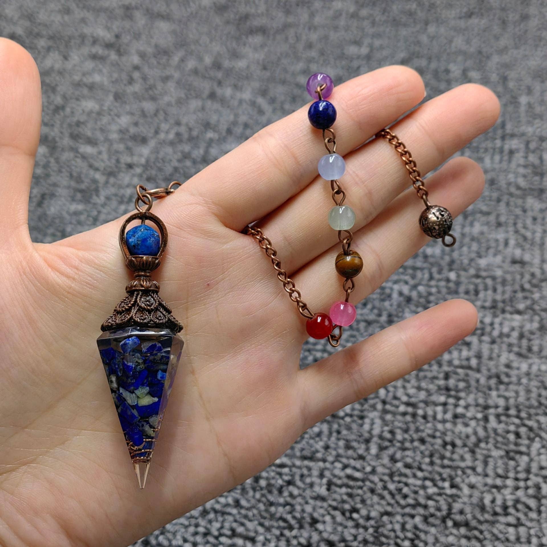 Mio Queena - Wholesale Spiritual Stone/Crystal - Hexagonal Cone Stone Pendulum with Chakra Chain - CS29