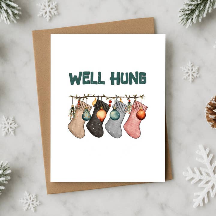 Well Hung Funny Christmas Card with Stockings – Naughty Holi for wholesale by North Star Rustics Greetings