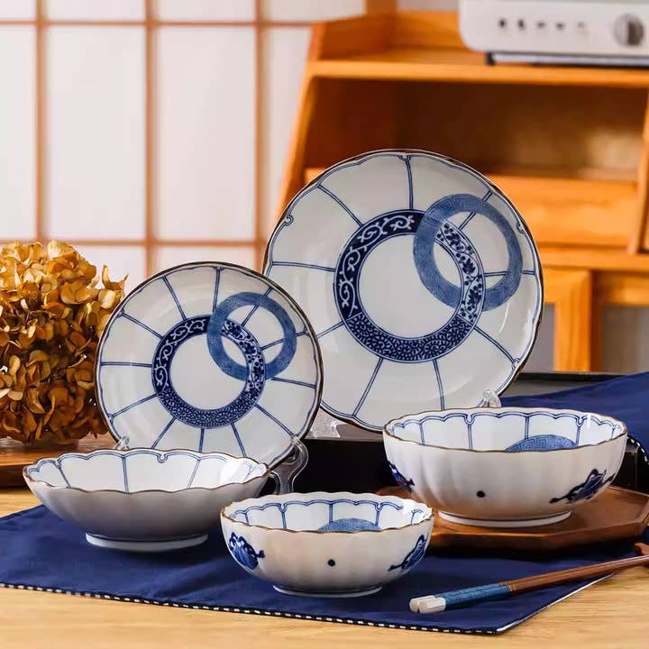 Minoyaki-service med dobbelt ringemønster i blåt og hvidt for engroshandel hos MinoCraft