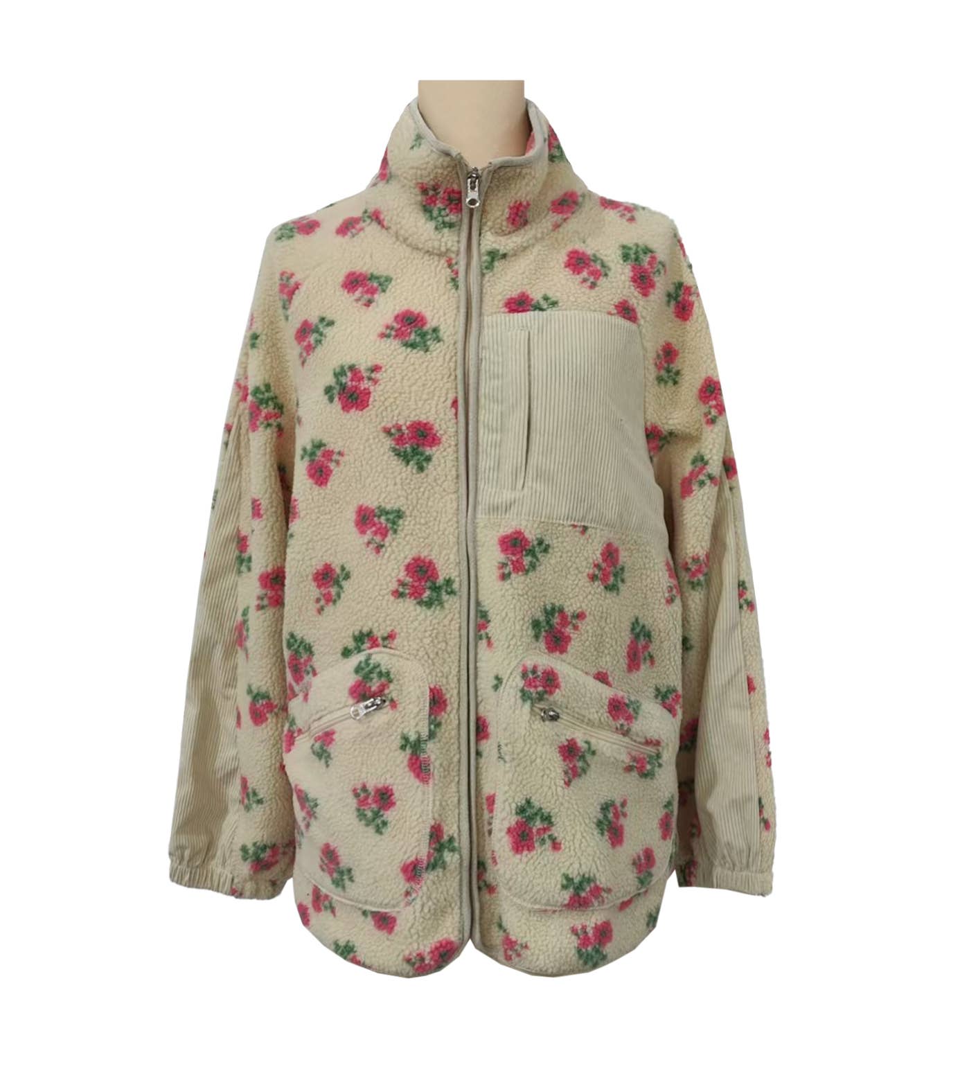 Rosa Clothing - Wholesale Jacket - Women's - Vintage Boho Tulip Floral Print Sherpa Fleece Jacket0