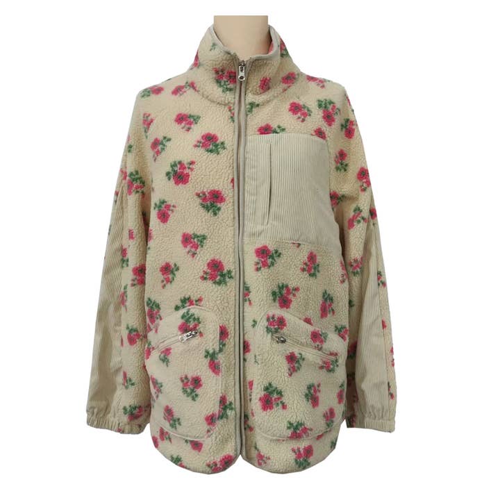 Rosa Clothing - Wholesale Jacket - Women's - Vintage Boho Tulip Floral Print Sherpa Fleece Jacket