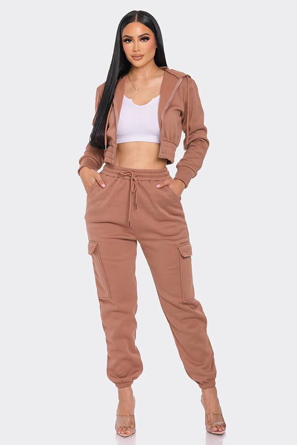 Lime All the Time – Engroshandel Top- og buksesæt (IKKE Loungewear) - Dame – 2 stk beskåret lynlås hættetrøje og Cargo Jogger Bukser Sæt2