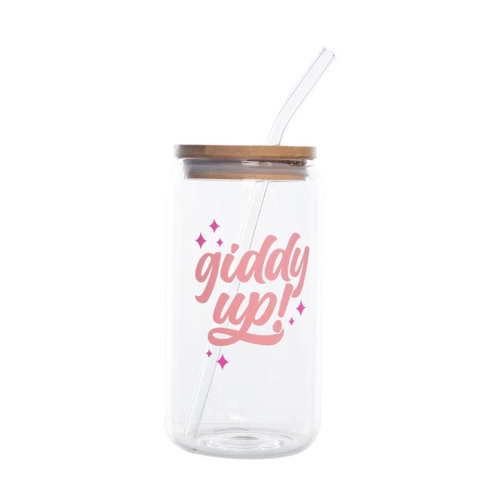 Pink Giddy Up! Glass Cup w/ Lid and Straw for wholesale on Faire0