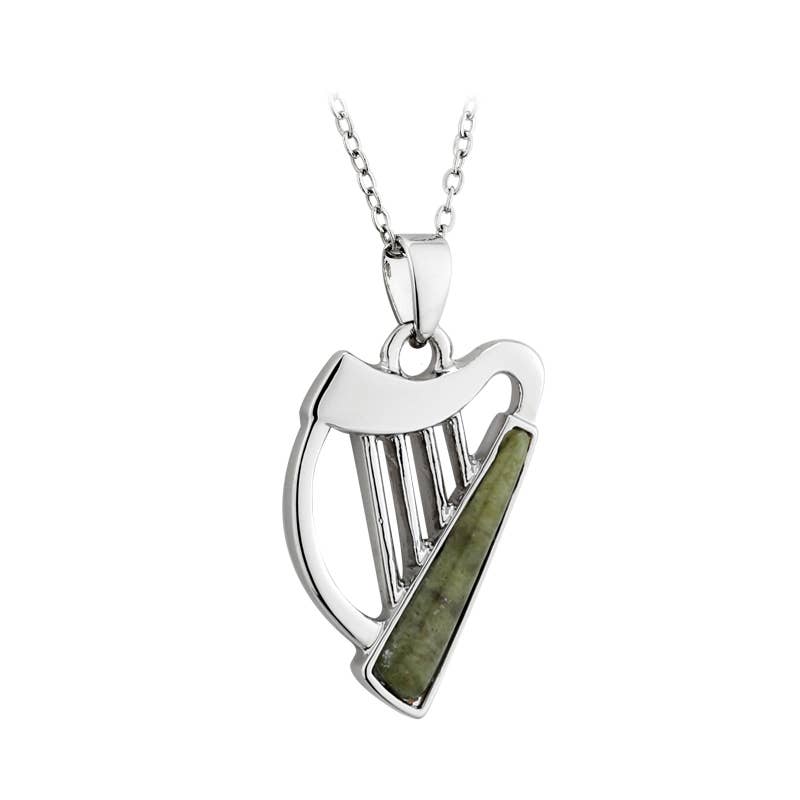Dublin Gift Company - Wholesale Pendant/Charm Necklace - Rhodium Plated Harp Pendant with Connemara Marble0
