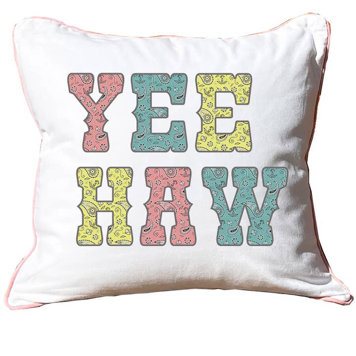 Yee-Haw White Square Pillow with Piping for wholesale by Knollwood Lane