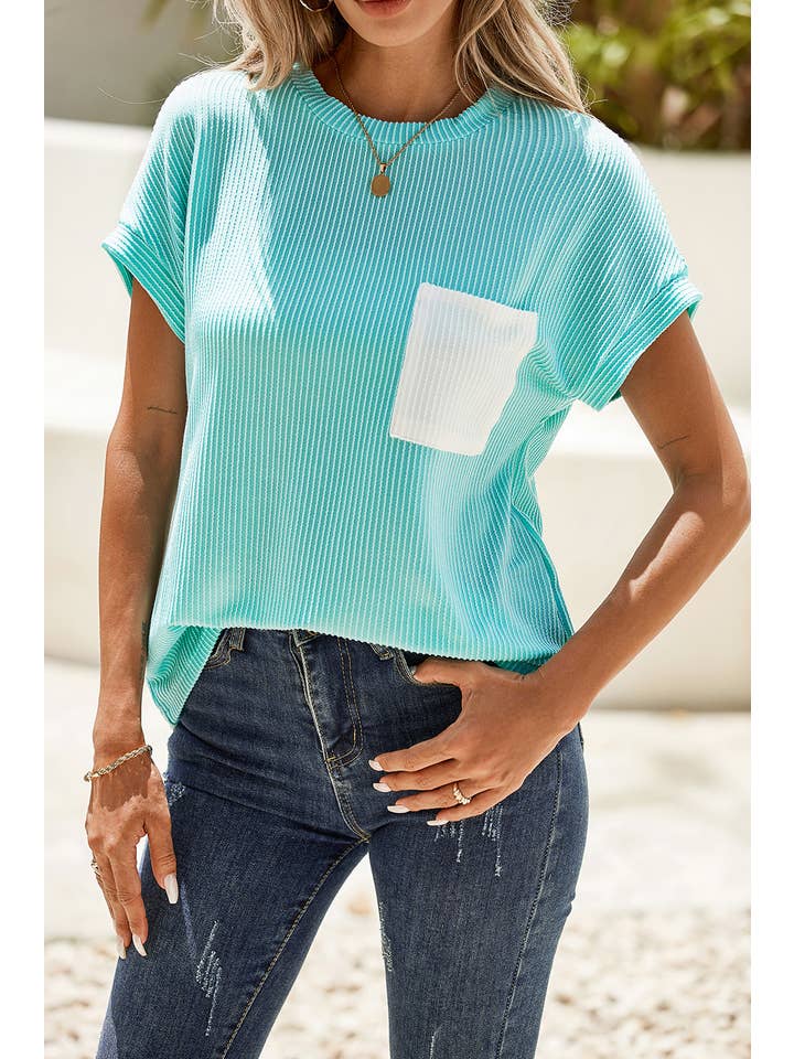 Little Daisy Closet - Wholesale Knit Top - Women's - LDC Corded Knit Color Block Pocketed Crew Neck T Shirt