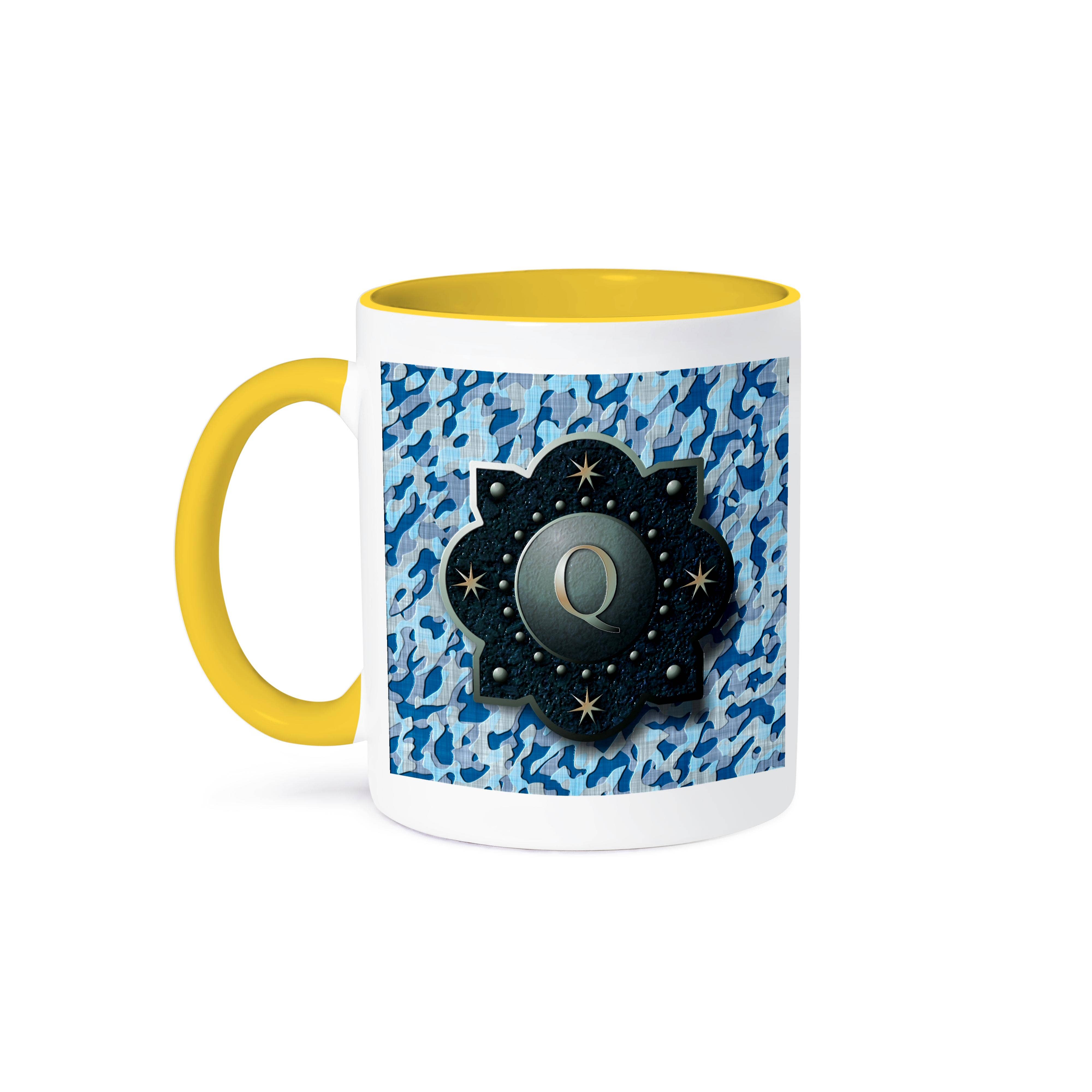 3dRose - Wholesale Coffee Mug - 3dRose, Letter Q- Image of metal badge over blue camo pattern, Mug0