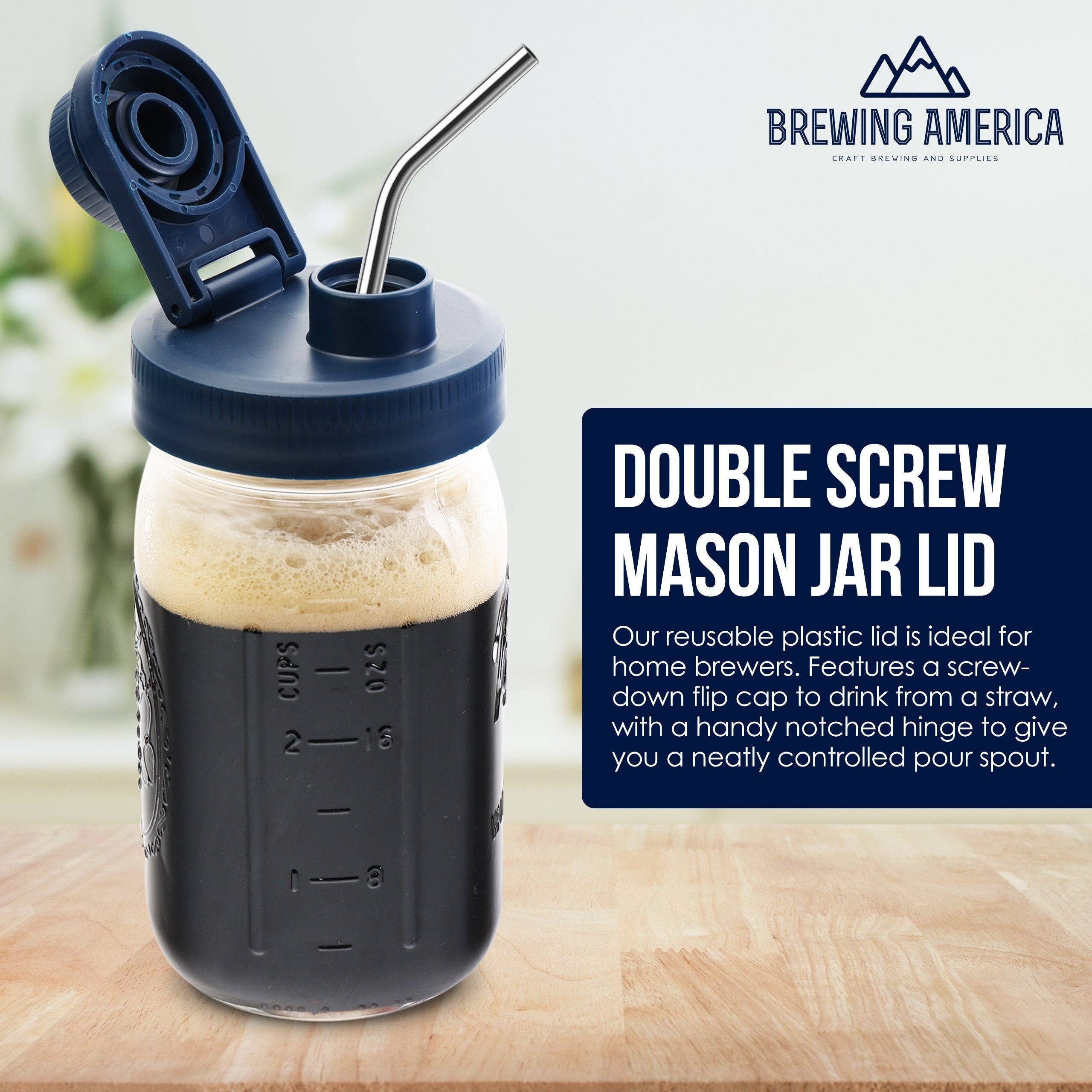Brewing America - Wholesale Drink Lids - Mason Jar Lids Wide Mouth Plastic 4 Pack Leak Proof with Flip Cap Pouring Spout & Drink Hole Old Glory Blue3