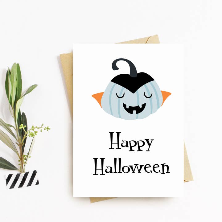 Happy Halloween Greeting Card - Dracula Pumpkin for wholesale by Flash On A String Designs
