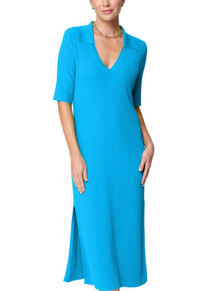 Gillian Rib Knit Midi Polo Dress; Turquoise for wholesale by Biana