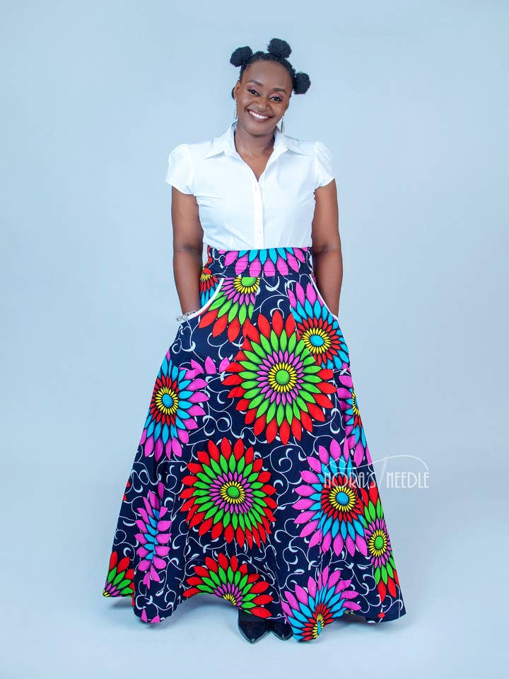Mfon Høj Talje Ankara Maxi Nederdel/Afrikansk Print Flare Nederdel for engroshandel hos Nora's Needle