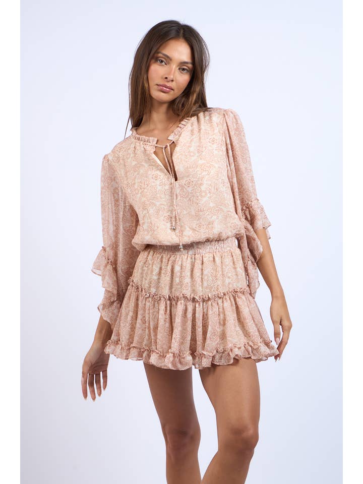 Young Deer CANTALOUPE FLARE SLEEVE RUFFLE TIERED MINI DRESS for wholesale on Faire6
