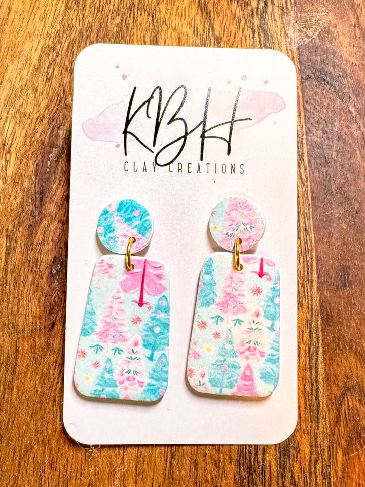 Preppy Christmas Tree Rectangle Dangle Clay Earrings for wholesale by KBH CREATIONS