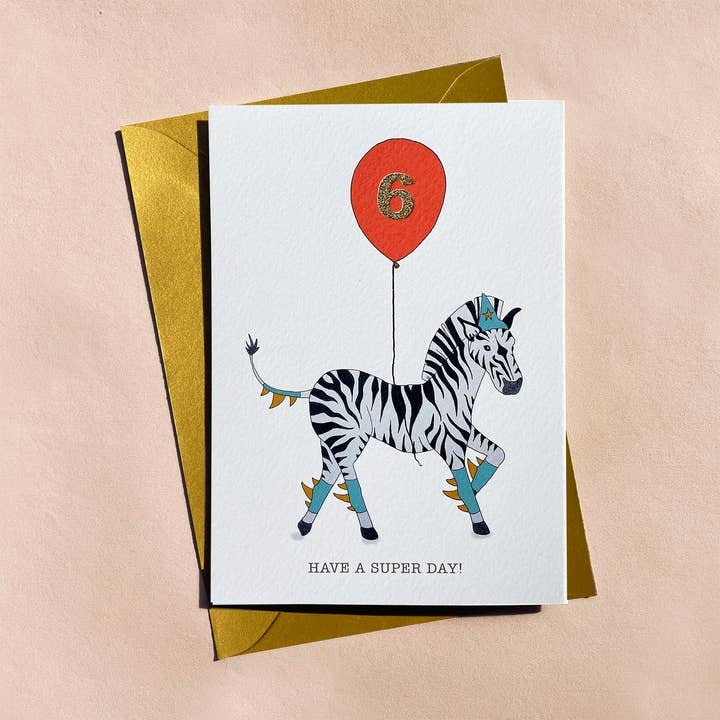 Hand-drawn Zebra birthday card | Pick a number for balloon for wholesale by Fearless Flamingo