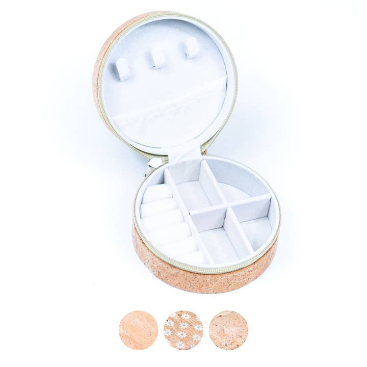 Meninas Bonitas Cork - Venta al por mayor Joyero/organizador de joyas - Caja redonda de corcho natural para guardar joyas L-1013