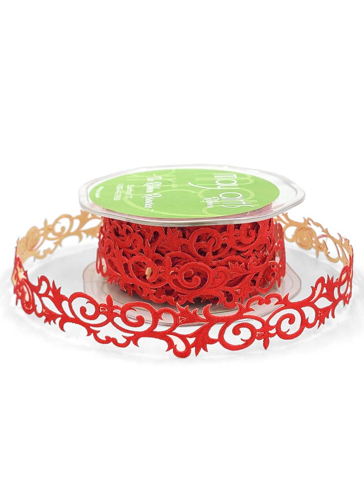 7/8" Red Fleur-de-lis Scroll Adhesive Ribbon for wholesale by May Arts Ribbon