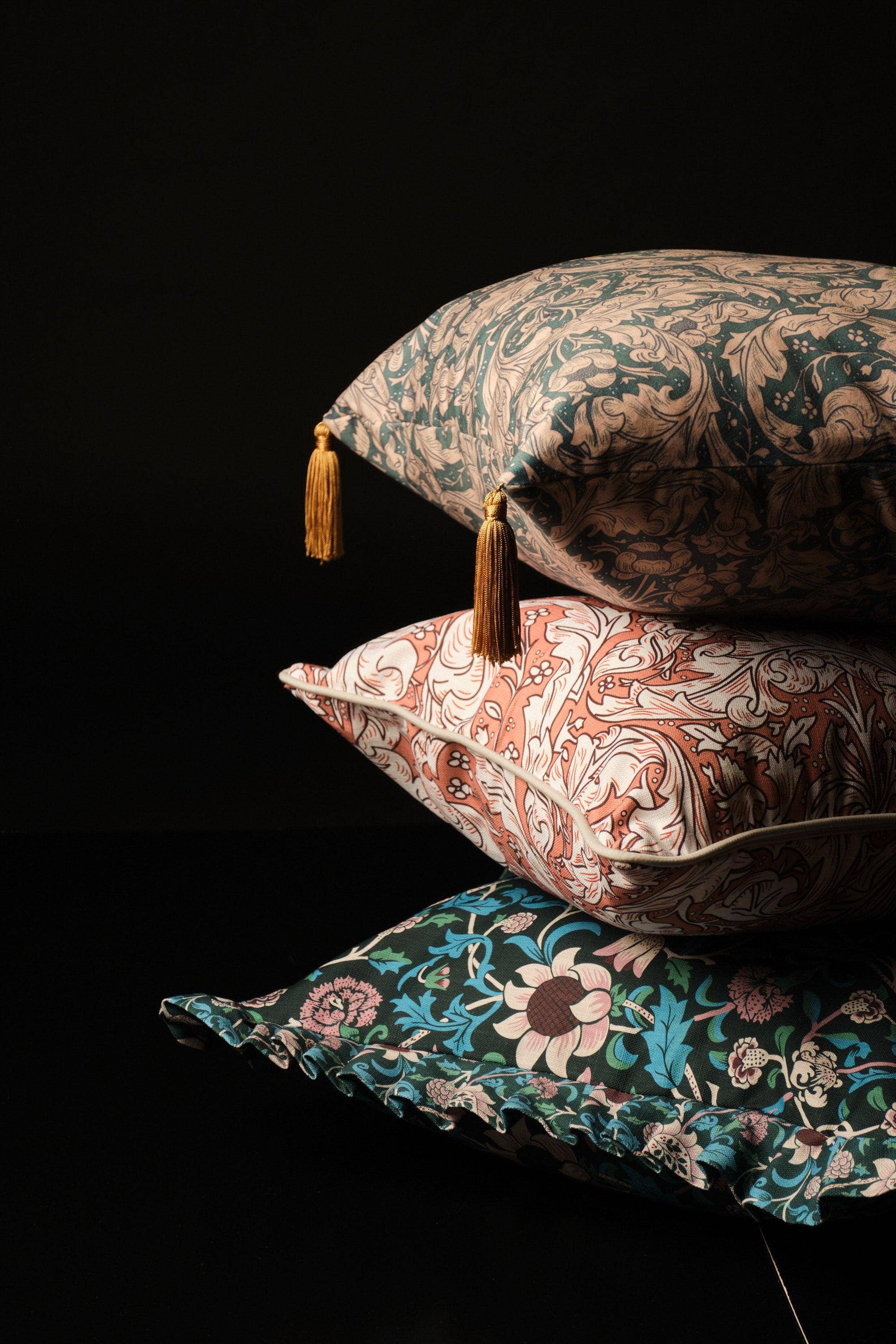 ART CUSHIONS - Wholesale Throw/Decorative Pillow - Blackthorn Rouge - Black Fringing William Morris Cushion1