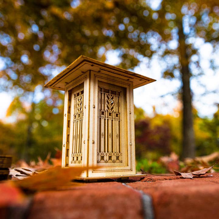 Wright, Prairie Style Lantern, Luminary. Arts and Crafts Era Lighting. Wooden 3D puzzle kit for wholesale by One Man One Garage