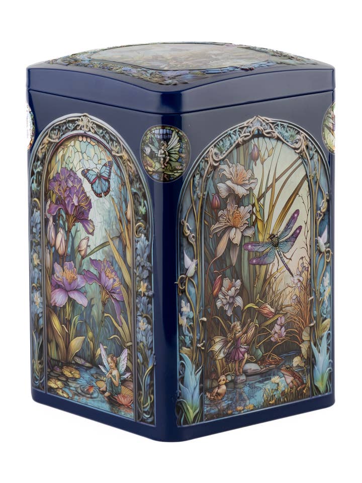 Lily Pond Gift Tin with Mini White Choc & Raspberry Biscuits for wholesale by Churchill's Confectionery