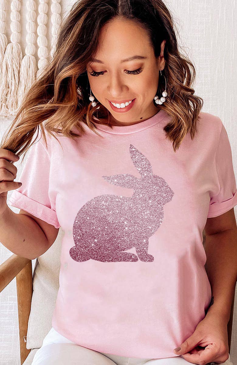 One Nine - Wholesale Screen Printed T-Shirt - Women's - Glitter Bunny tshirt, Happy Easter1
