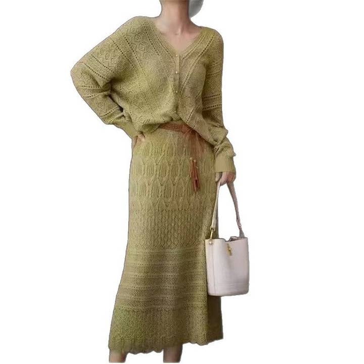 Conjunto de Saia e Cardigã em Malha Jacquard Rendado por atacado de Plush Looks