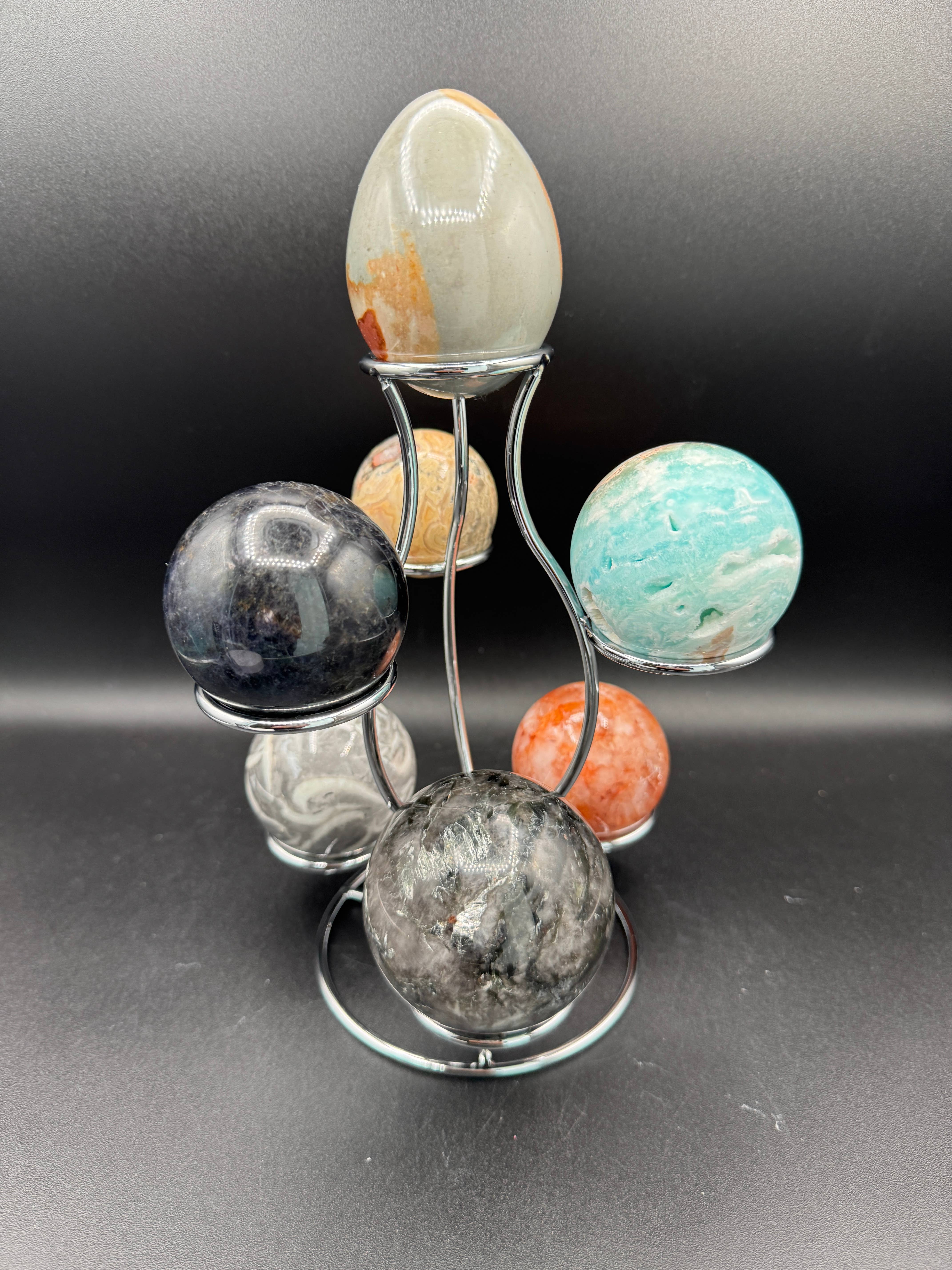 The 7 Directions - Wholesale Spiritual Stone/Crystal - 7 pc Mica Iolite fire quartz sphere w/ display stand G99612
