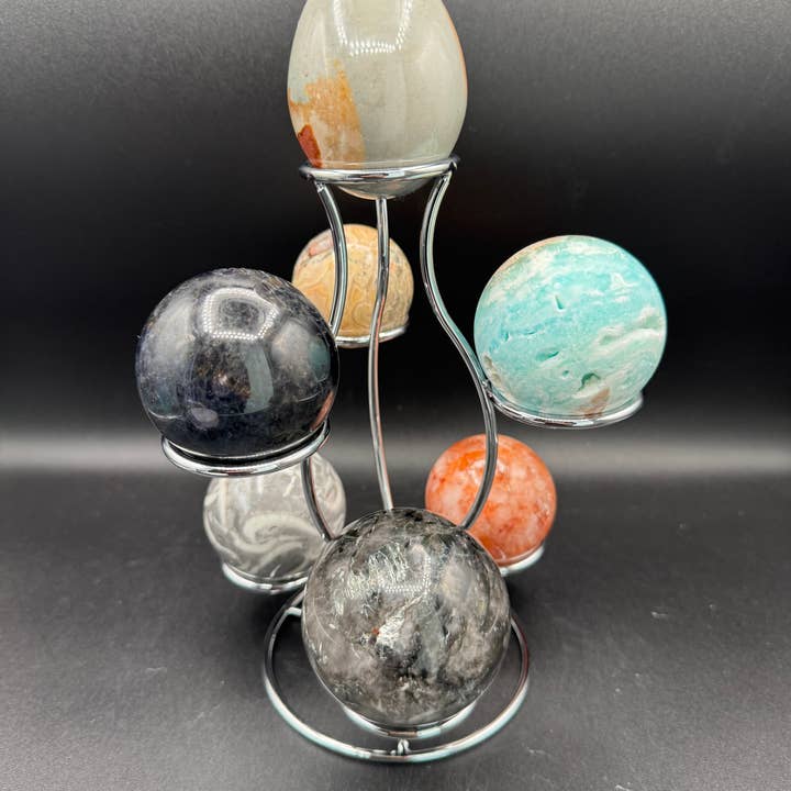 The 7 Directions - Wholesale Spiritual Stone/Crystal - 7 pc Mica Iolite fire quartz sphere w/ display stand G99612