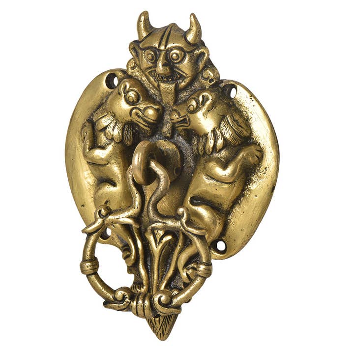 1 Piece Brass Demon Head With Two Lions Front Door Knocker for wholesale by Daana Paani LLC