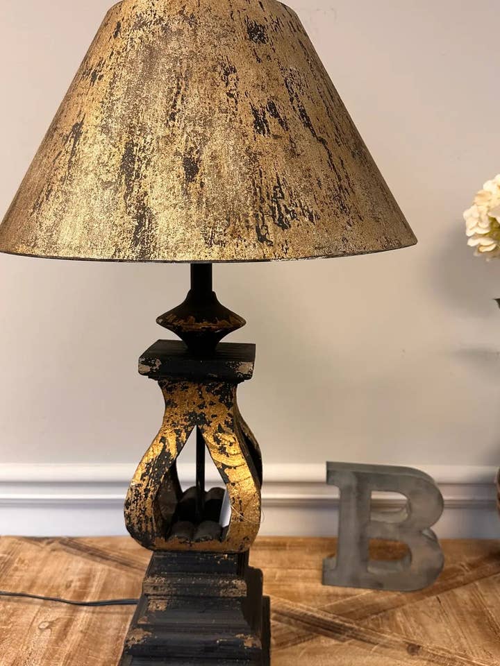 Black DISTRESSED WOOD TABLE LAMP WITH ROUND METAL SHADE for wholesale by Vagabond Vintage
