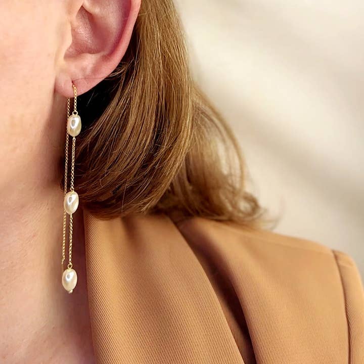 GoldFi - Wholesale Dangle Earrings - 18k Gold Filled Spaced Baroque Pearls Threader Earrings
