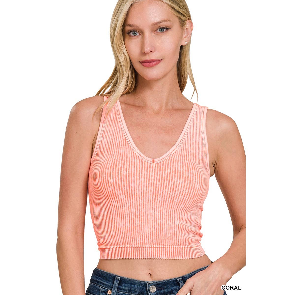 Apolline - Venta al por mayor Camiseta sin mangas - Mujer - SUJETADOR CORTO ACANALADO LAVADO CAMISETA SIN MANGAS CON CUELLO EN V ZENANA3