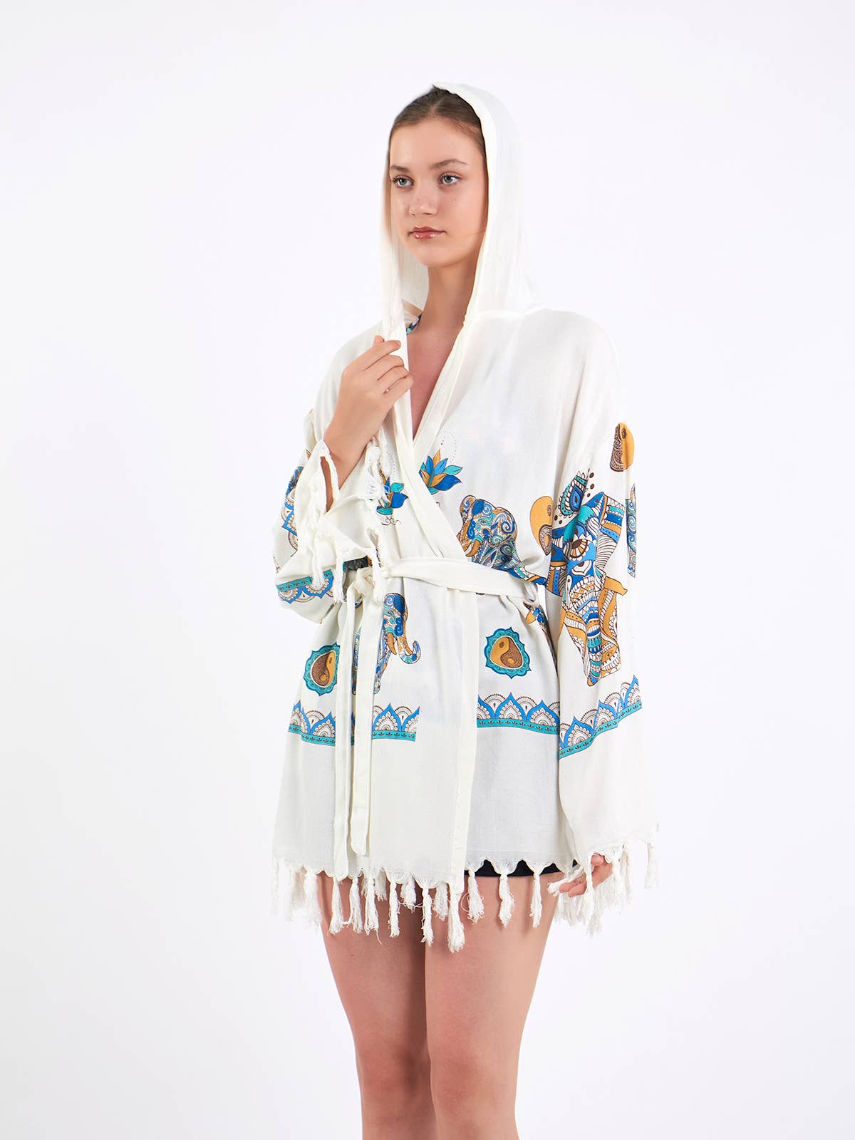 Yaz Concepts - Wholesale Beach Towel - Elephant and Yin Yang Hooded Pareo Wrap Short Turkish Robe2