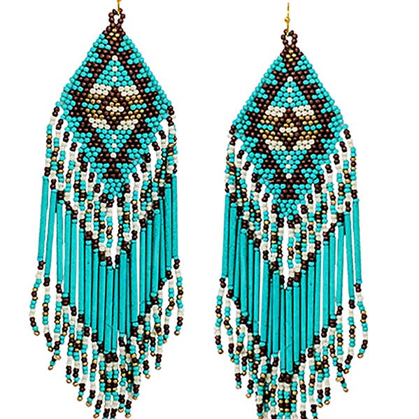 Jewelry Max - Vente Boucles d'oreilles à pampille - ( HX1153 ) BOUCLES D'OREILLES AZTÈQUES EN PERLES FAITES MAIN AVEC POMPON0