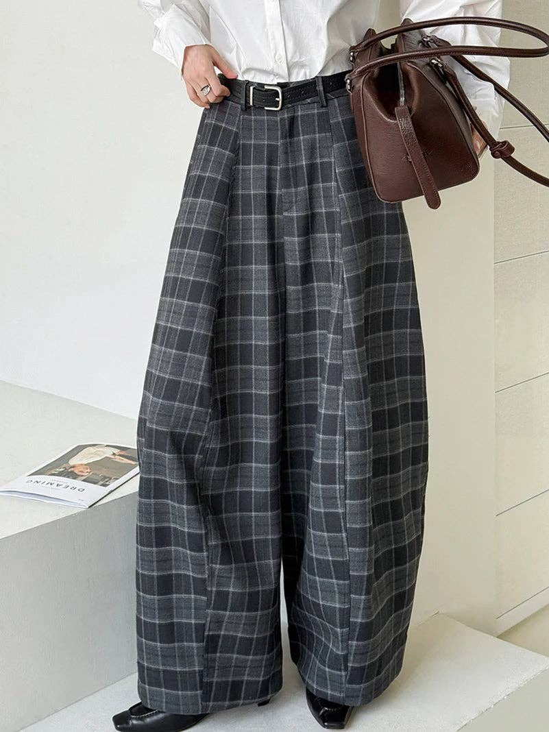 Simple Moderne – Großhandel Hose – Damen – Gotische Karo-Superweite Hose — Graues Fensterkaro5