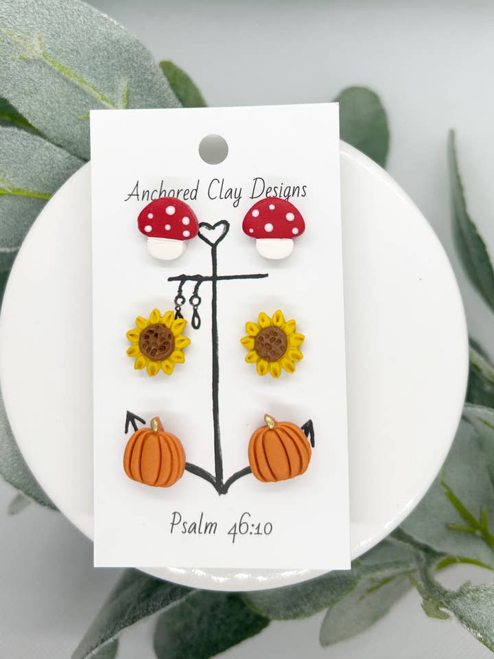 Stud Pack Trio - Pumpkin, Mushroom, Sunflower for wholesale by Anchored Clay Designs