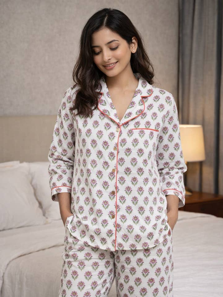 Rose Meadow Block Print Pajam Set- 2 piece set for wholesale by Purple Mohar