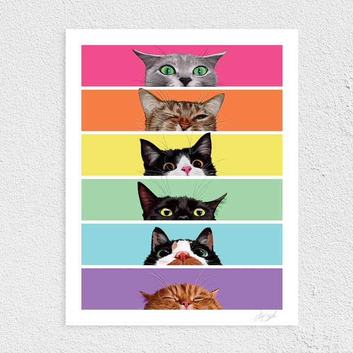 Stampa d'Arte Gatti Arcobaleno Curiosi per la vendita all'ingrosso da parte di Cat Loaf Studio