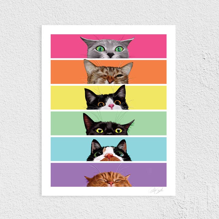Impression d'art de chats arc-en-ciel curieux pour la vente par Cat Loaf Studio