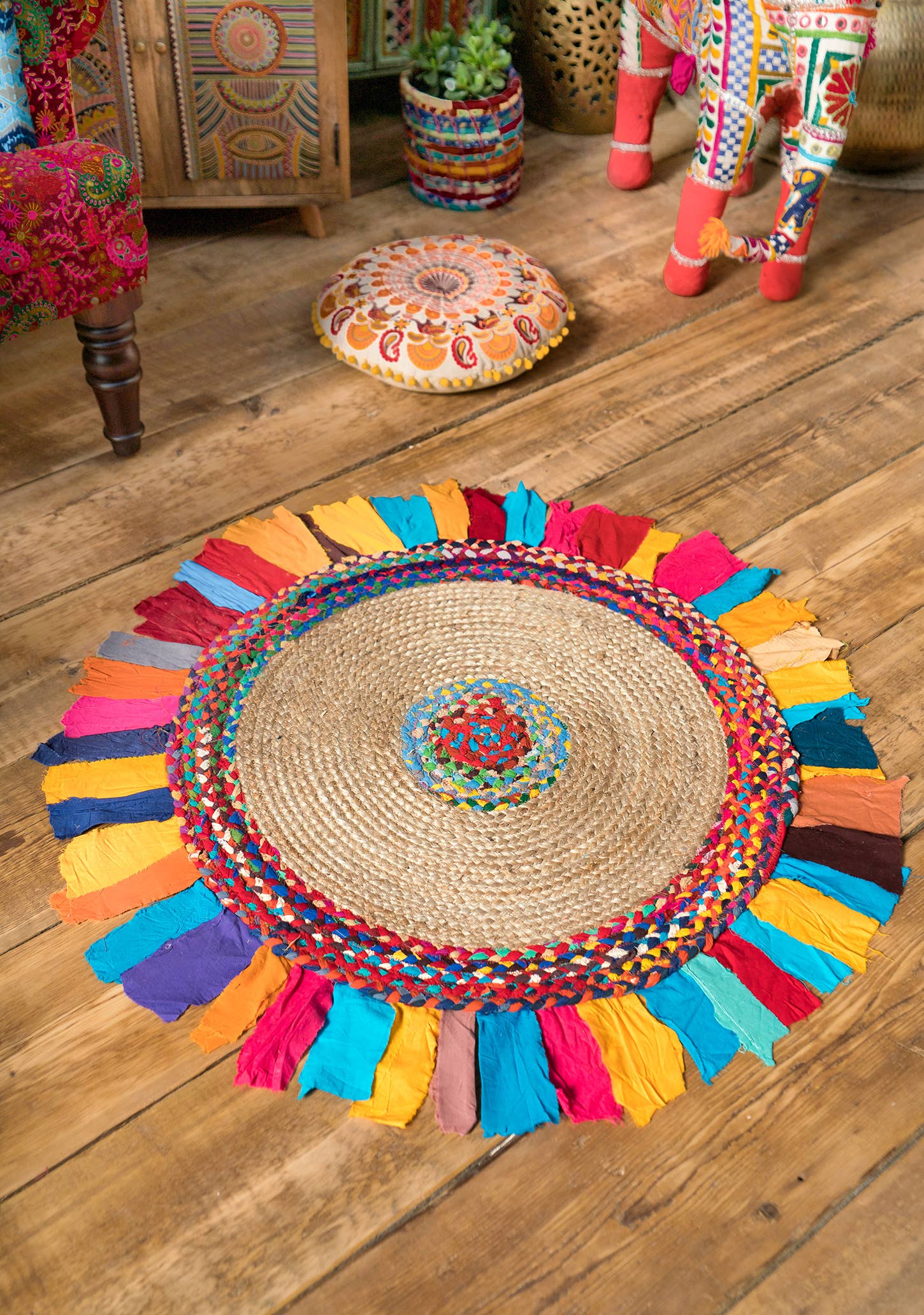 Namaste - Vendita all'ingrosso Tappeto - Tappeto intrecciato Keshar in juta/cotone riciclato con balze, 90 x 90 cm0