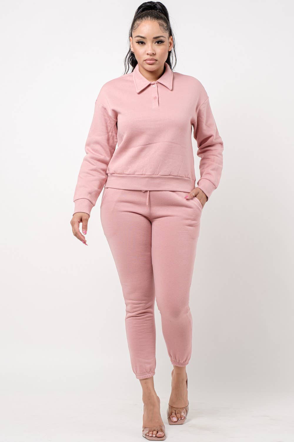 Boswell – wholesale Lounge set – Women's – Solid Jogger Set With Collar Long Sleeve Top1