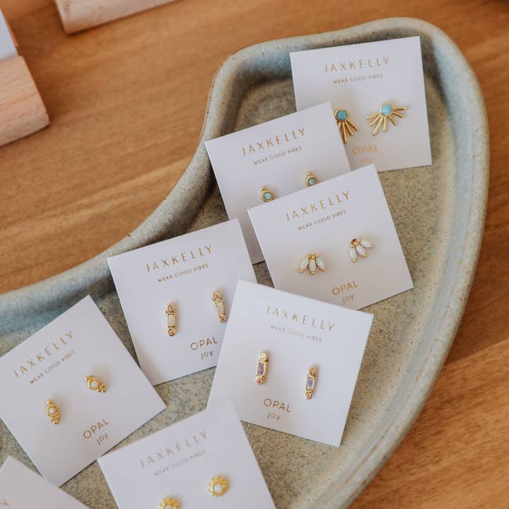 JaxKelly - Wholesale Stud/Post Earrings - Bar Opal - White - Gold Earrings